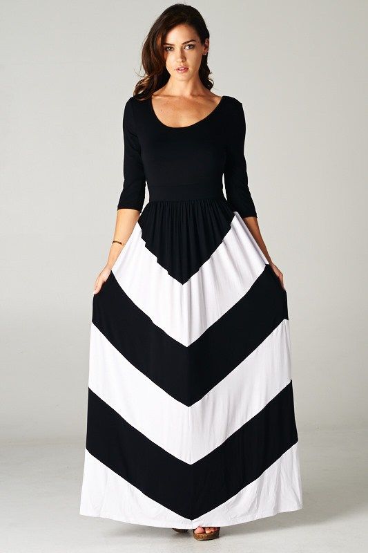NEW WOMEN STRIPED MAXI DRESS 3/4 Sleeve Long Full Skirt Chevron Print S